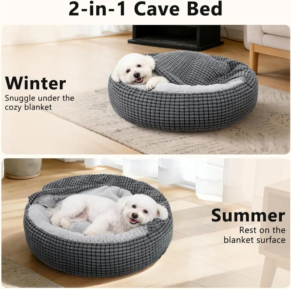 Soft Plush Donut Hooded Dog Bed With Attached Blanket