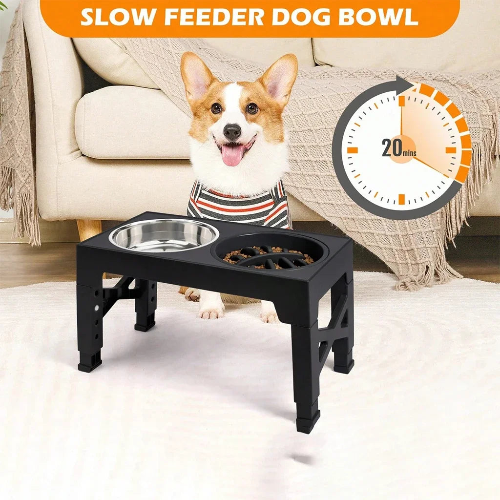 Adjustable Elevated Dog Feeder With Slow Feeder And Steel Bowls