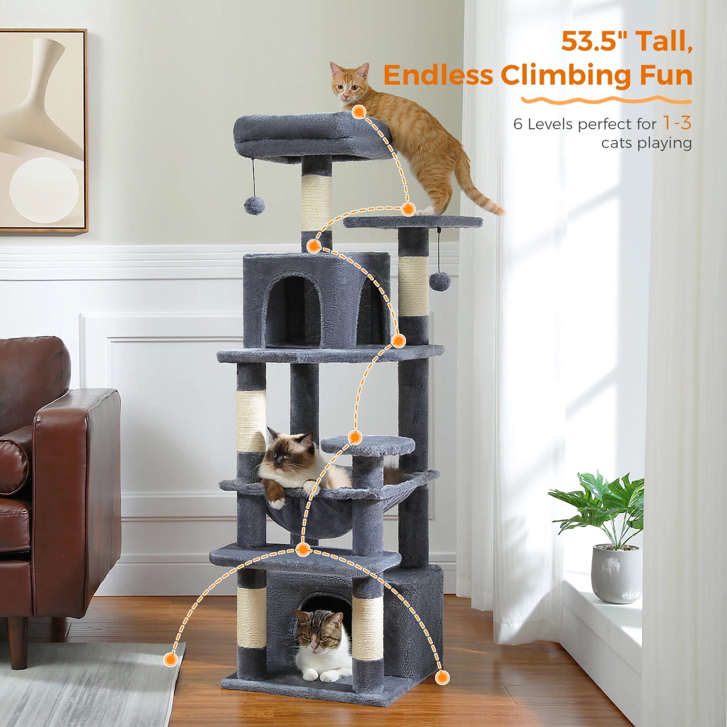 PEQULTI Cat Tree Tower Six Levels With Perches And Condos