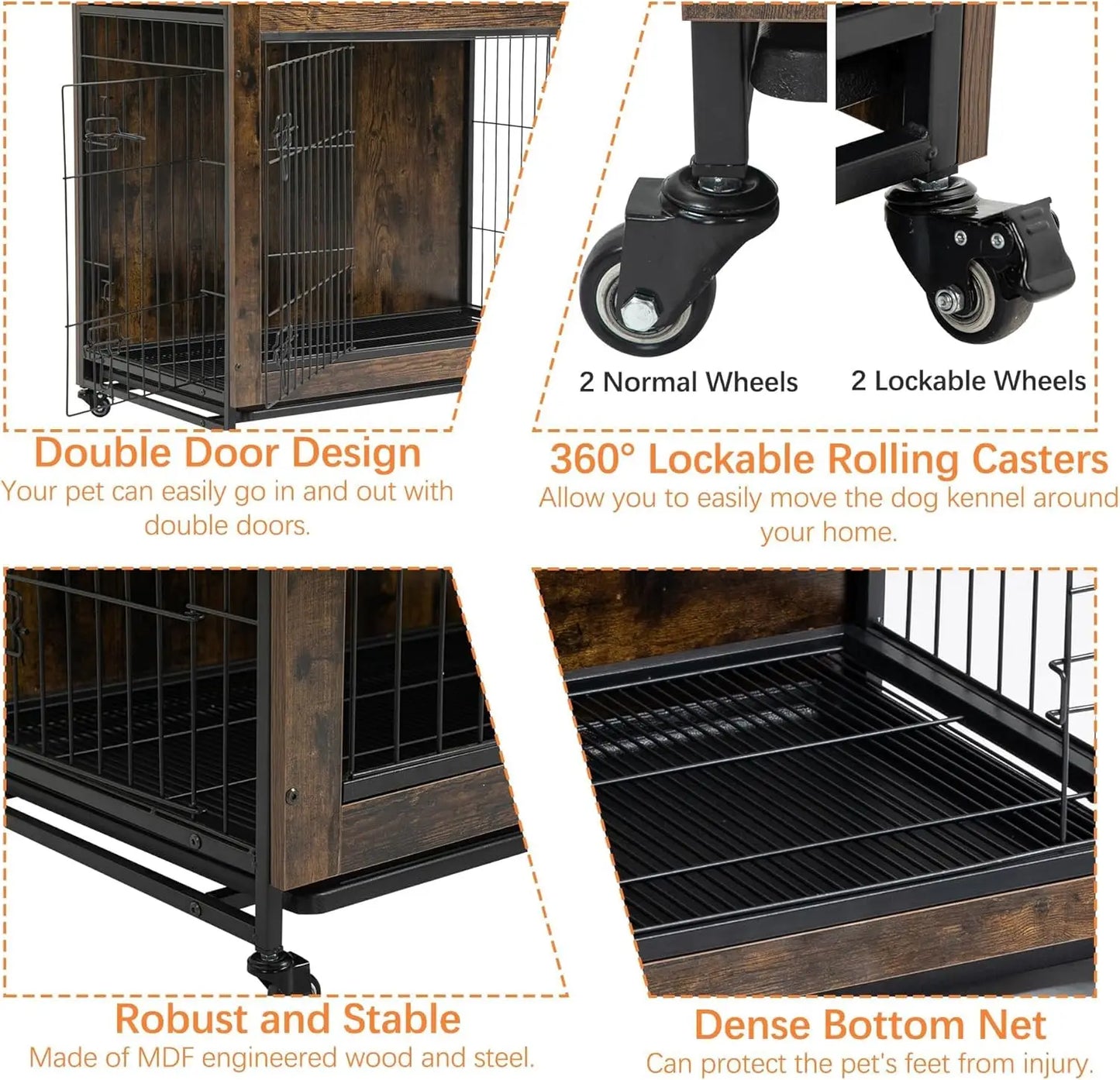 HiMISS Modern Wood And Metal Dog Crate Furniture With Wheels