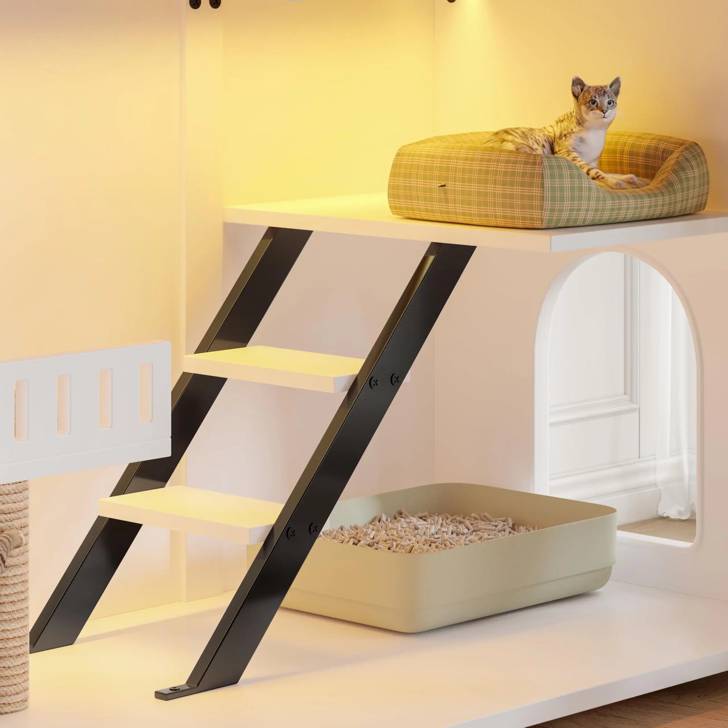 Cat House Litter Box Enclosure With LED Light Smart Doors