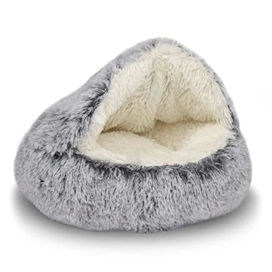 Round Plush Hooded Cat Bed For Indoor Cats Soothing Doughnut