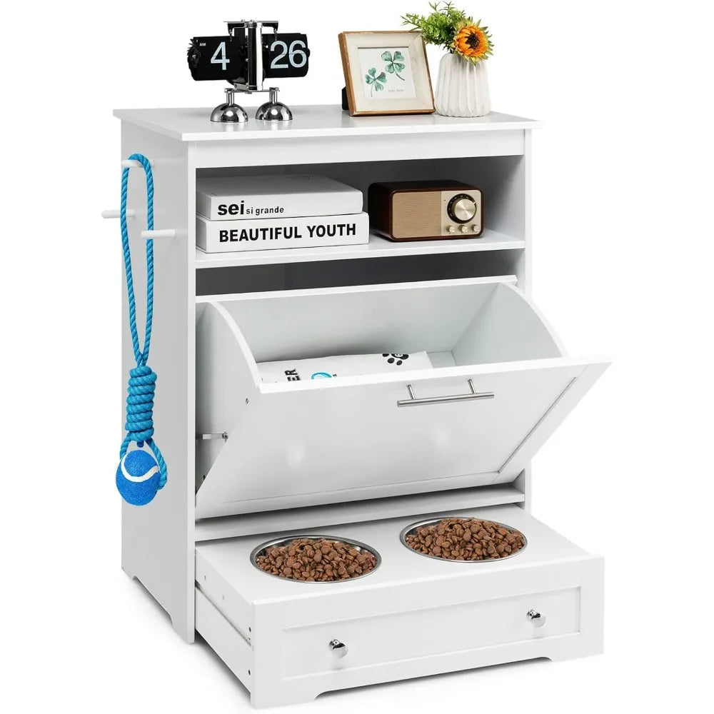 Pet Feeder Station With Double Bowls And Storage Cabinet