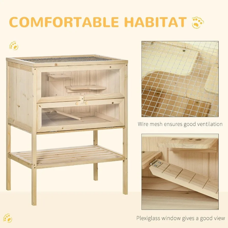 Three Tier Wooden Hamster Cage Openable Top Front Door Storage Shelf