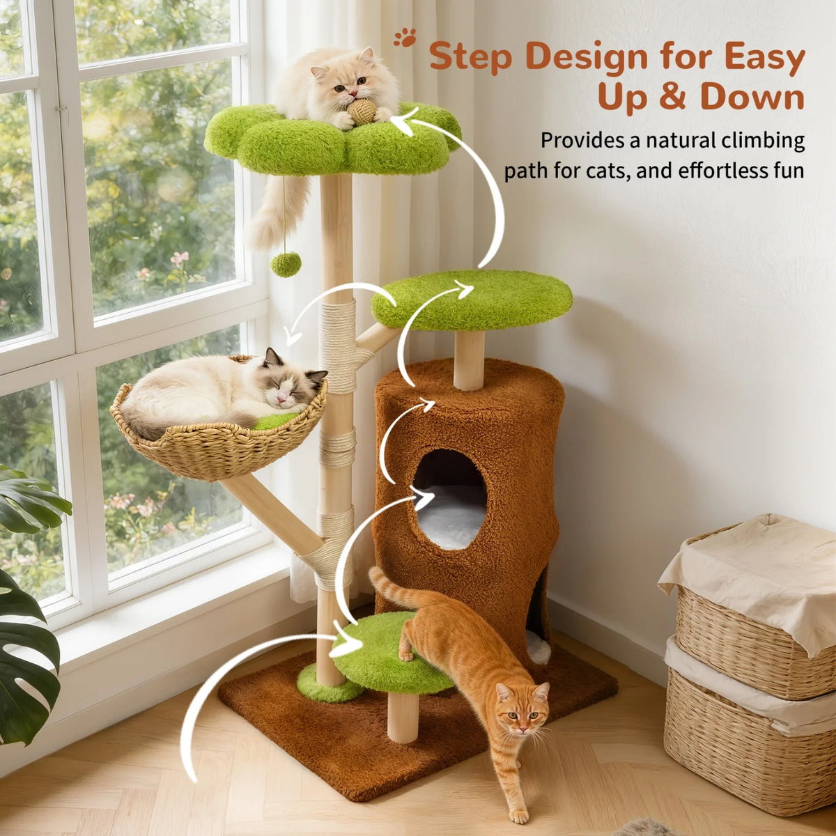 Bingopaw 136Cm Five Tier Cat Tree Activity Center With Wicker Basket