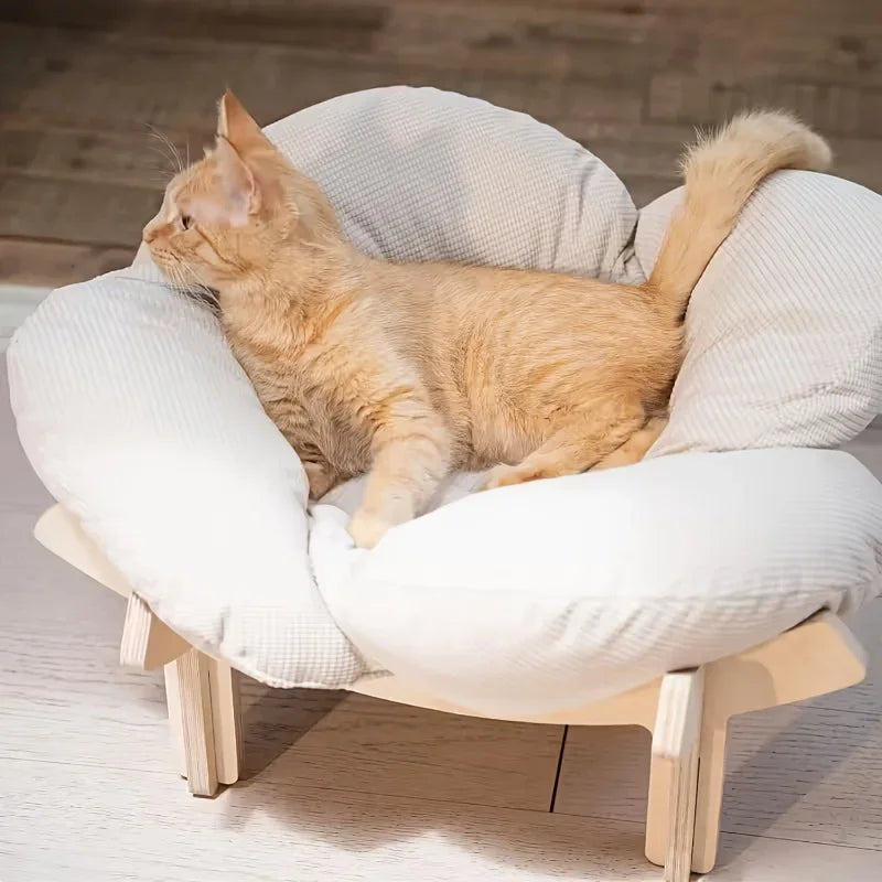 Raised Wooden Cat Bed With Soft Cushion Indoor Use