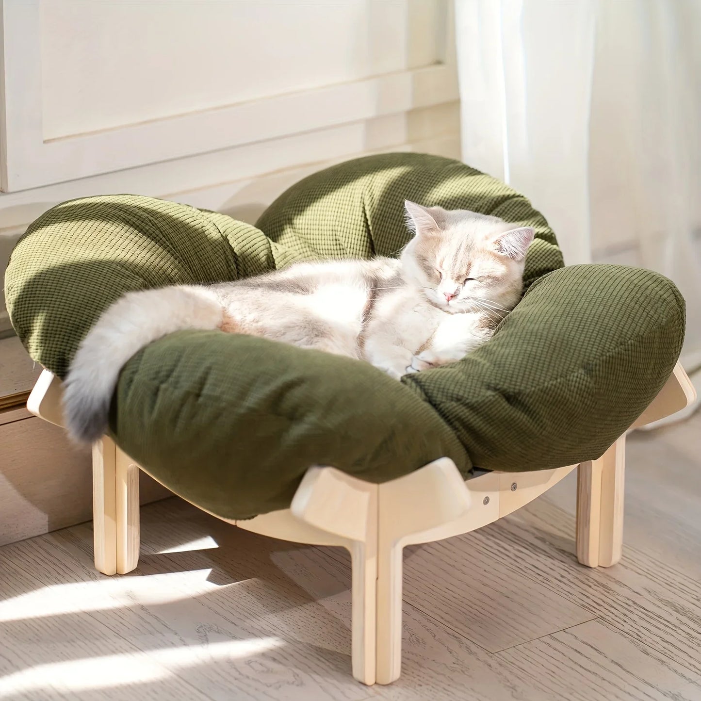Raised Wooden Cat Bed With Soft Cushion Indoor Use