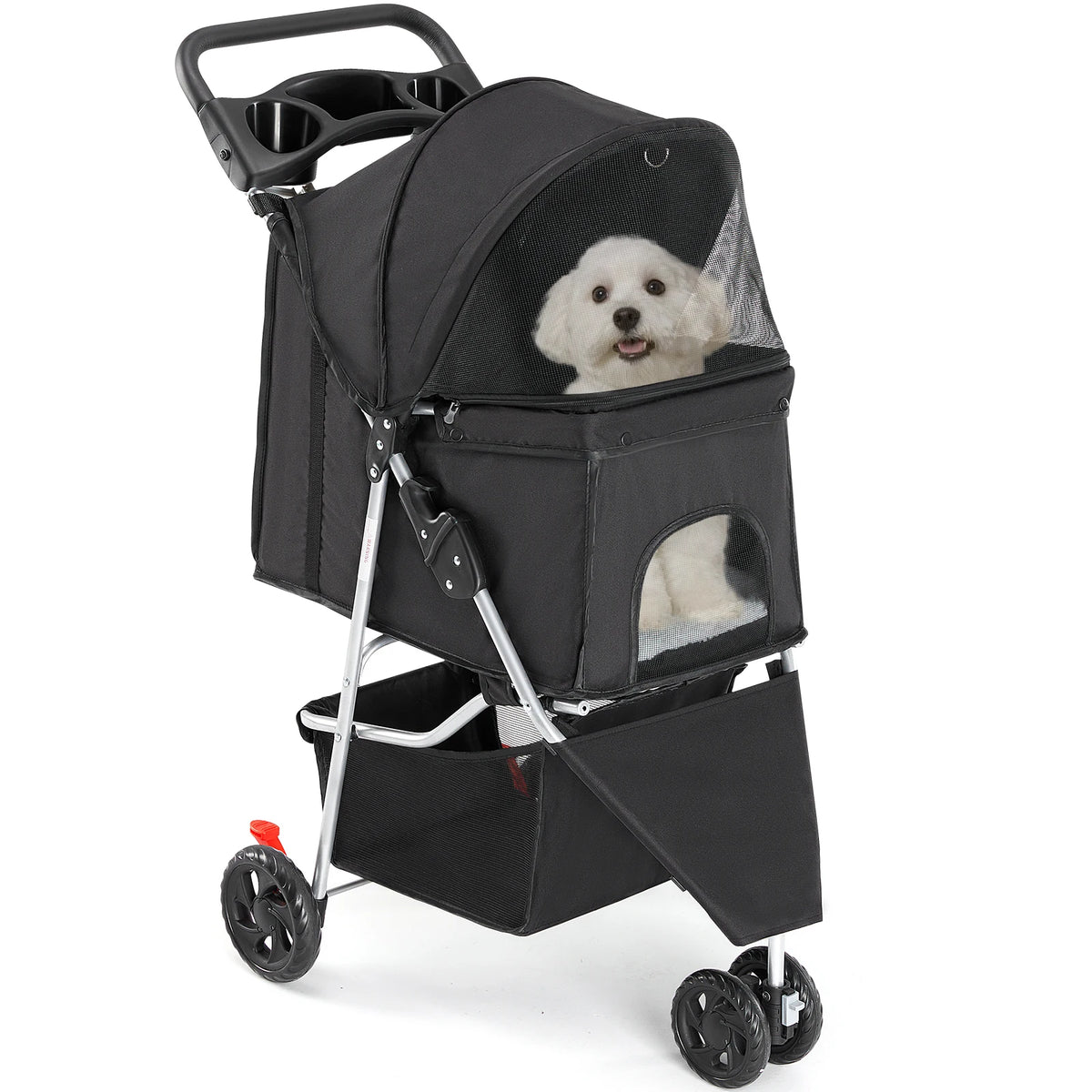 DUMOS Foldable Pet Stroller with Mesh Windows and Storage Basket