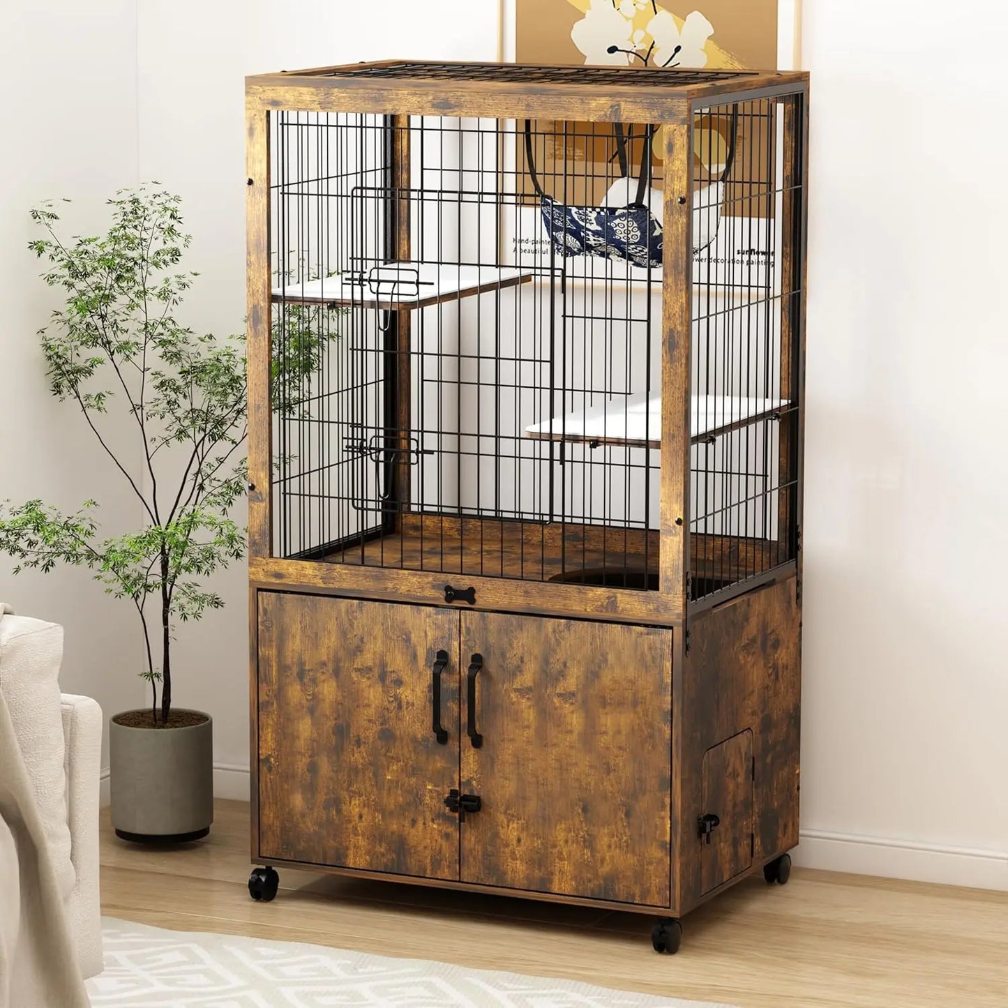 Indoor Cat Cage With Hidden Litter Box Enclosure Playpen