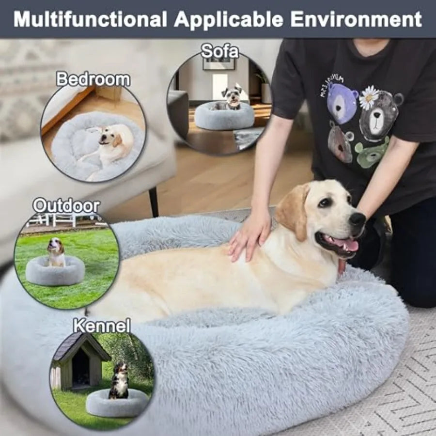 Calming Donut Dog Bed Washable Plush Cushion For Large Dogs