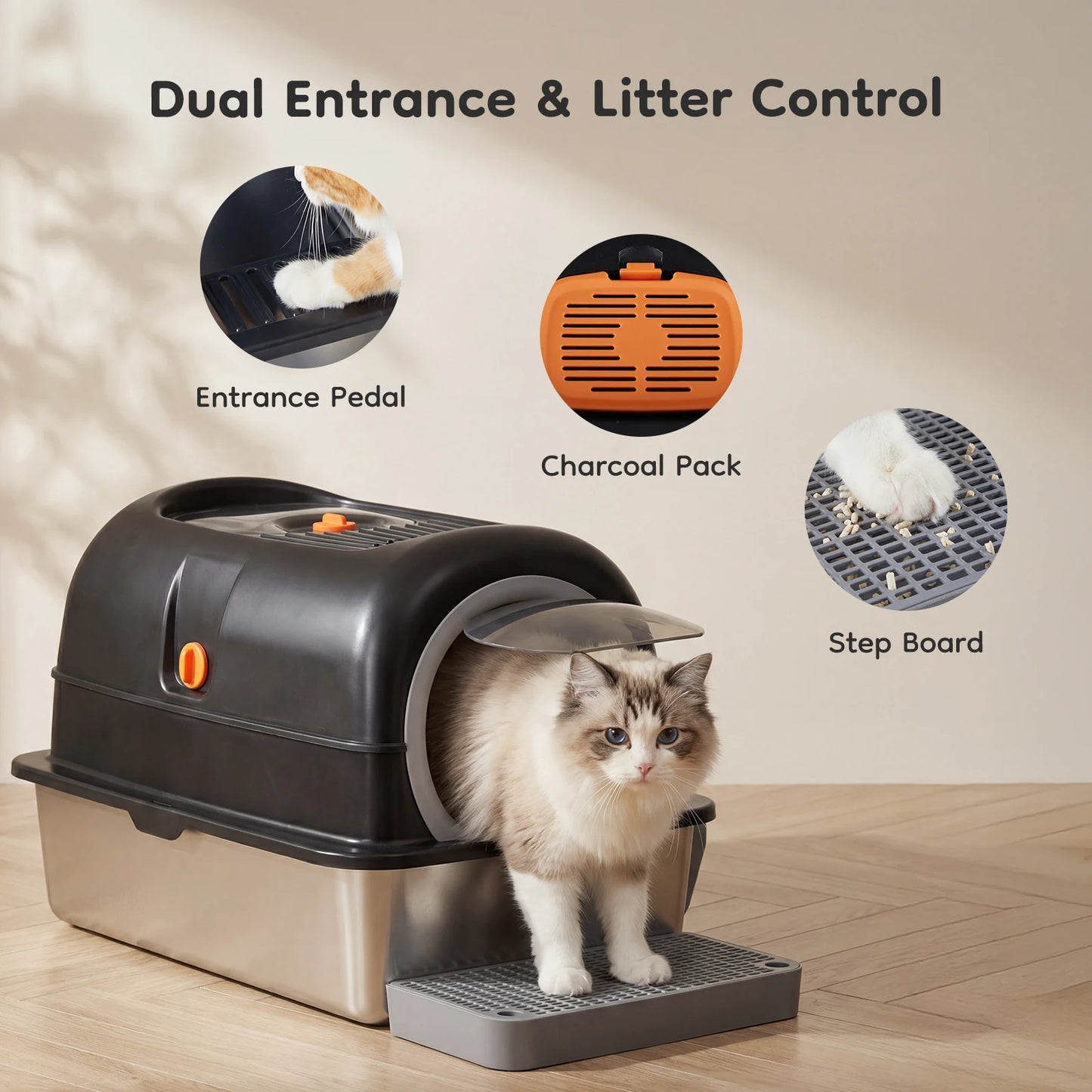 JHK Stainless Steel Cat Litter Box With Enclosed Design And Scoop Mat Included