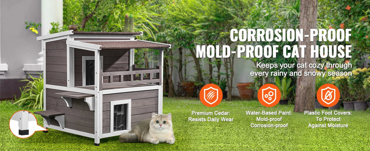 SucceBuy Weatherproof Outdoor Cat House Feral Shelter Two Story Balcony