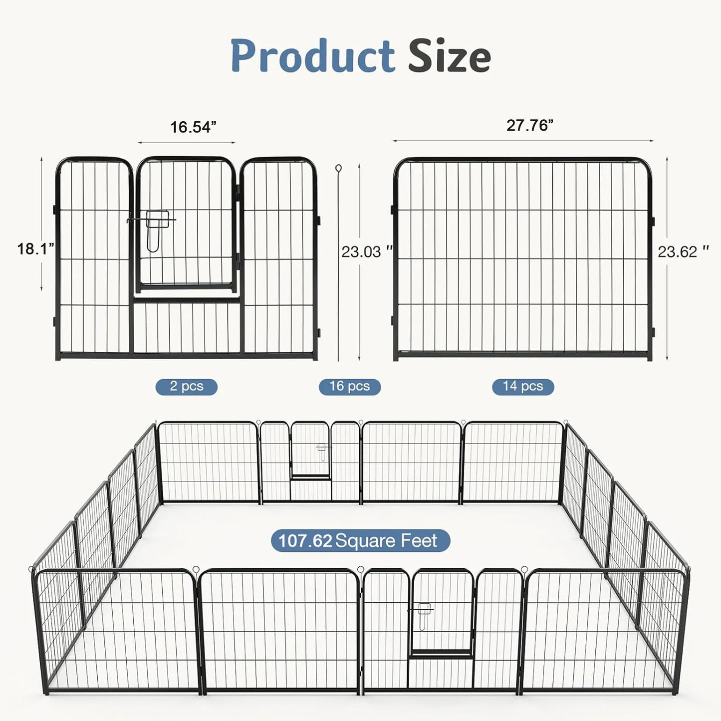 JHK 16 Panels Foldable Dog Playpen Metal Pet Fence For Indoor Outdoor