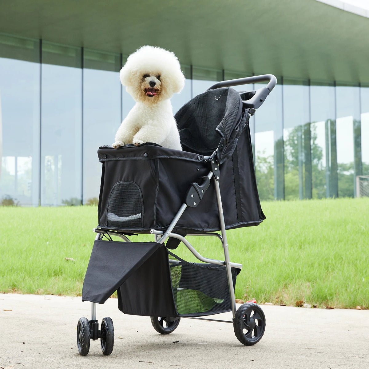 DUMOS Foldable Pet Stroller with Mesh Windows and Storage Basket