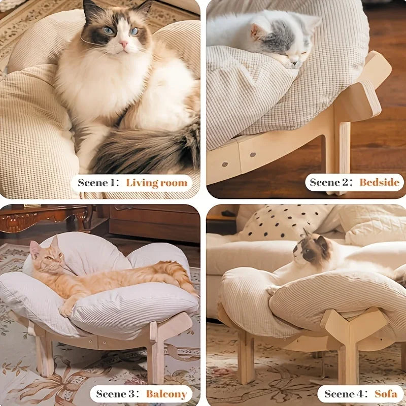 Raised Wooden Cat Bed With Soft Cushion Indoor Use