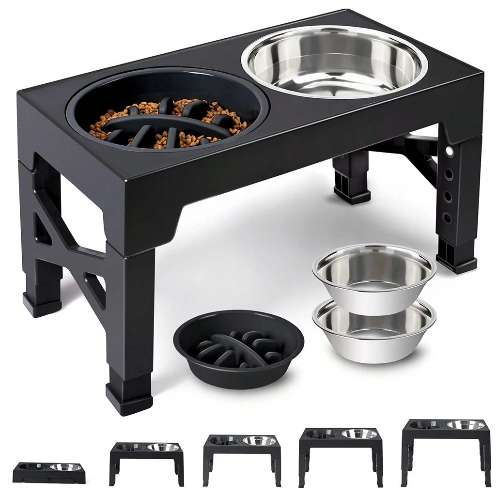 Adjustable Elevated Dog Feeder With Slow Feeder And Steel Bowls