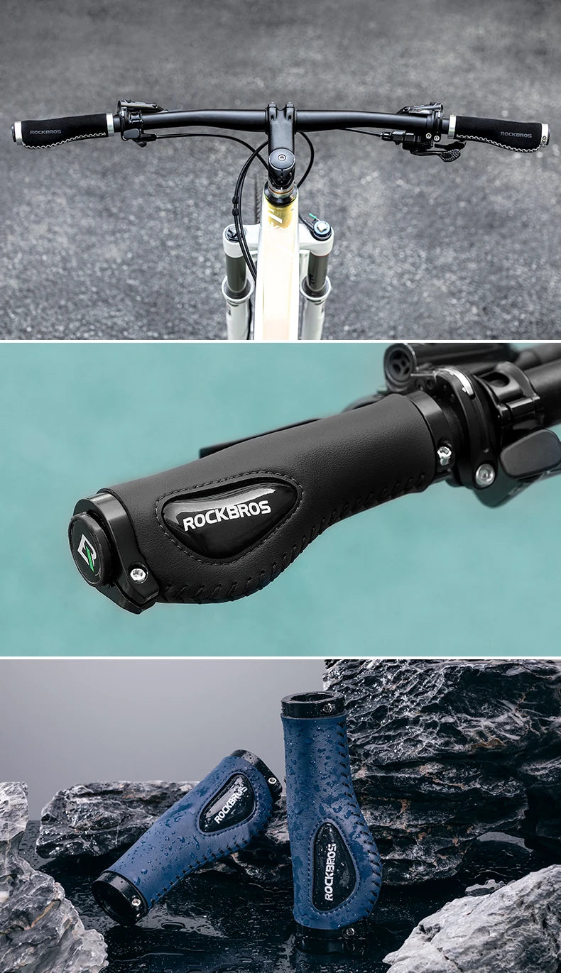 ROCKBROS Aluminum Alloy Leather Bicycle Handlebar Grips for Comfortable Riding