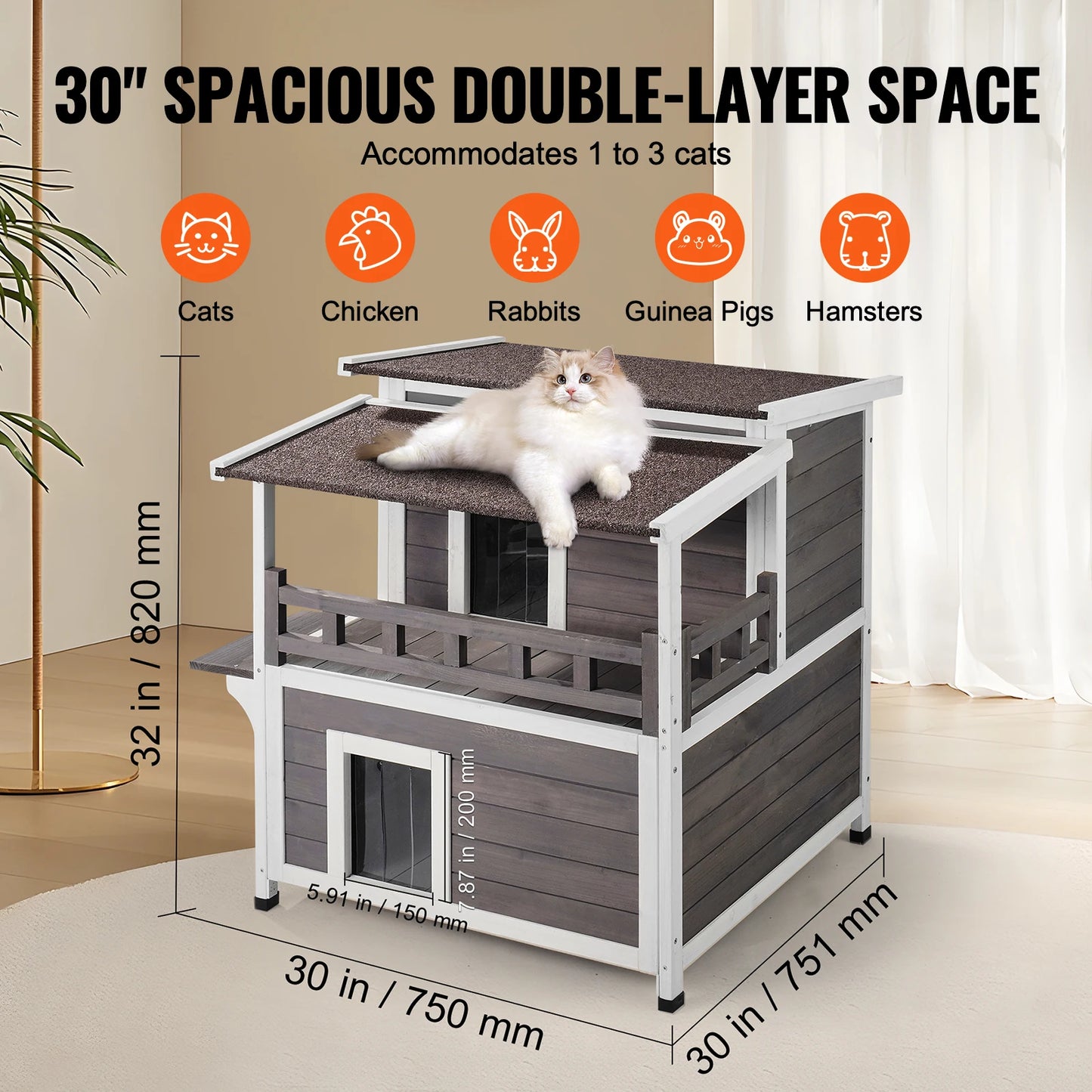 SucceBuy Weatherproof Outdoor Cat House Feral Shelter Two Story Balcony