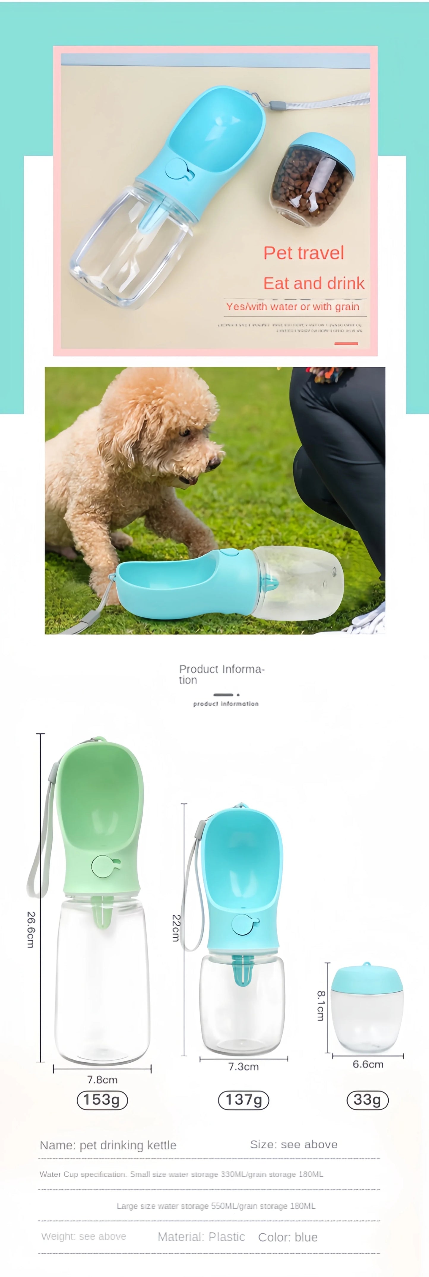 Portable Pet Water Bottle With Storage For Dogs And Cats