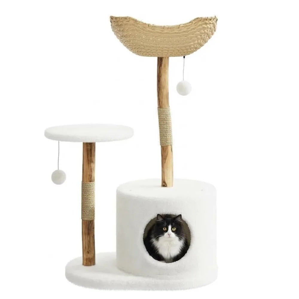 Wooden Cat Tree Tower With Rattan Multi Level Climbing Furniture