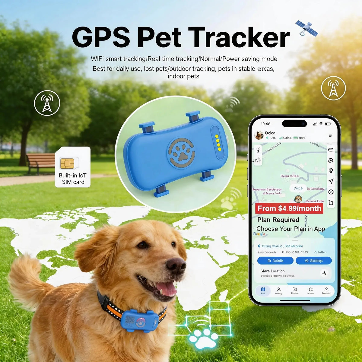 WANWAYTECH 4G GPS Pet Tracker for Dogs and Cats Tracking