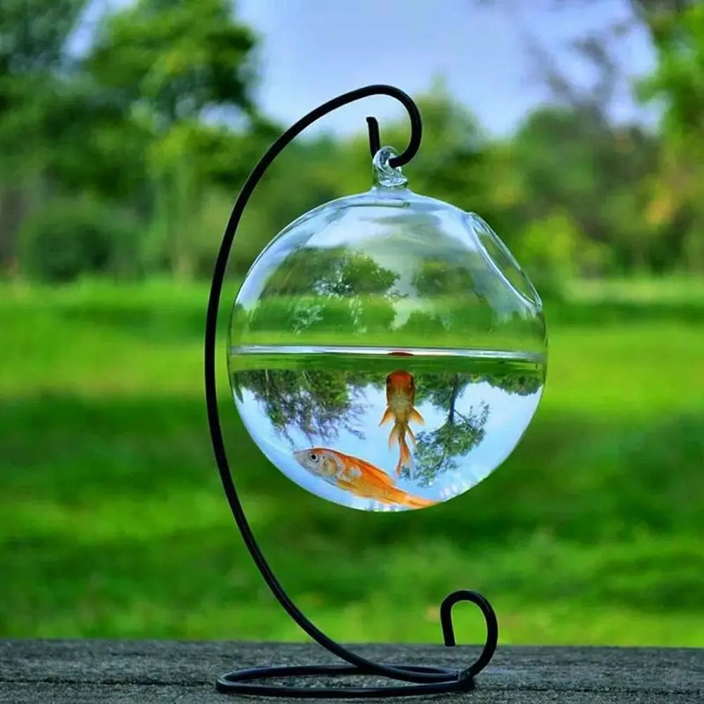 Hanging Glass Fish Bowl With Rack Holder Home Decoration