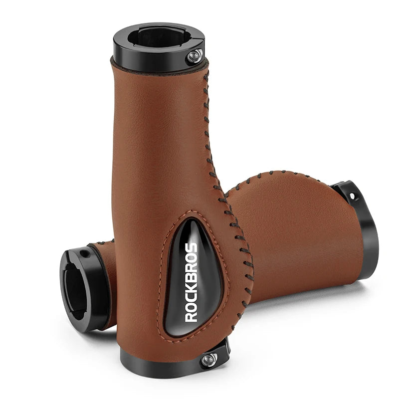 ROCKBROS Aluminum Alloy Leather Bicycle Handlebar Grips for Comfortable Riding