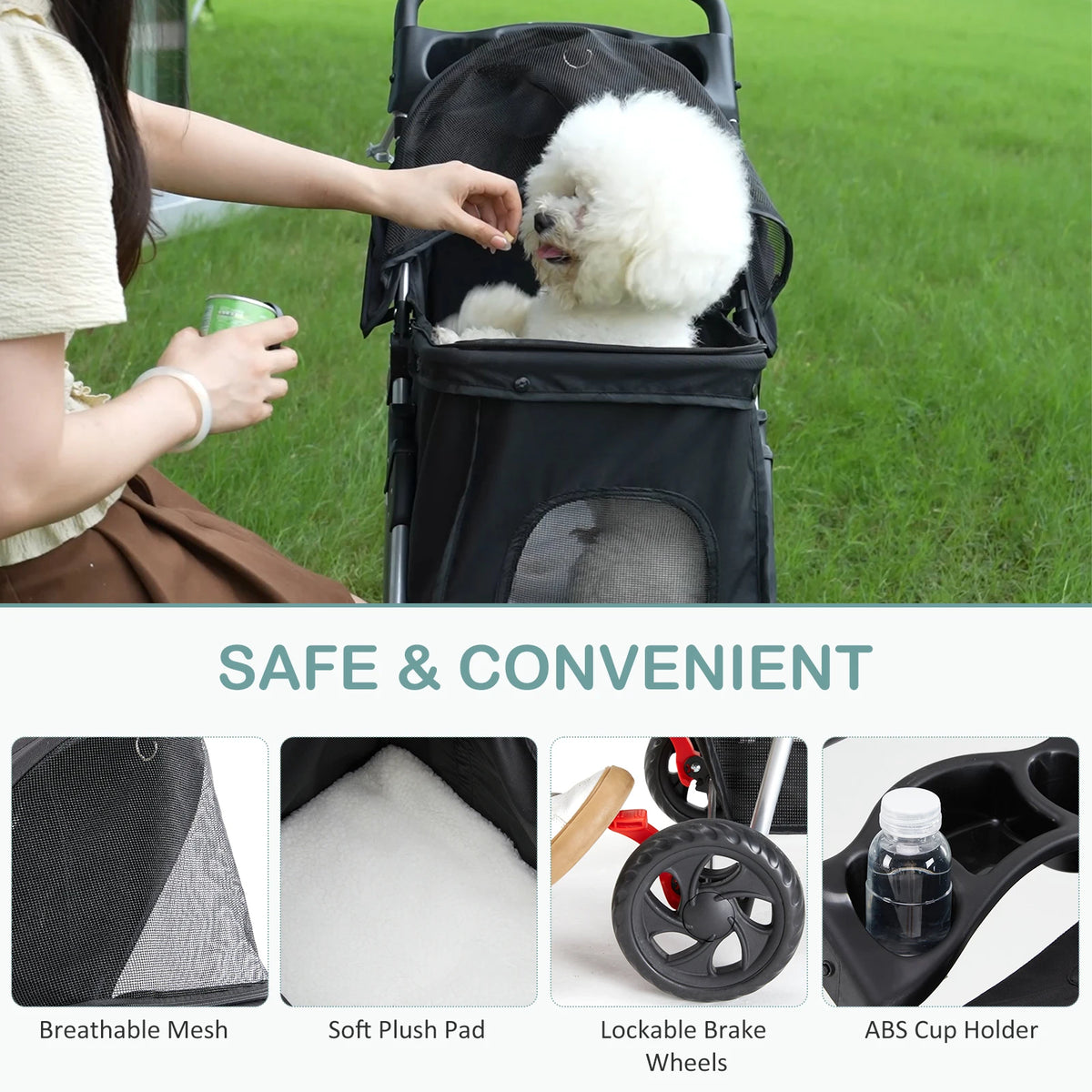 DUMOS Foldable Pet Stroller with Mesh Windows and Storage Basket