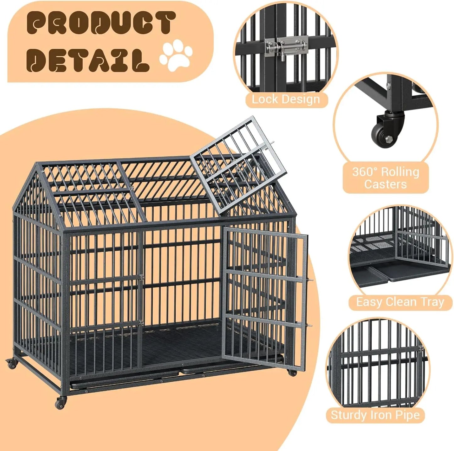 Acekool Heavy Duty Dog Crate Kennel With Double Doors Wheels