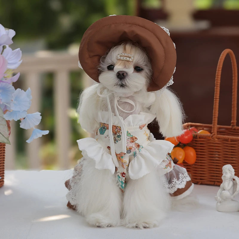 Pet Lace Dress and Maid Hat Set for Small Dogs