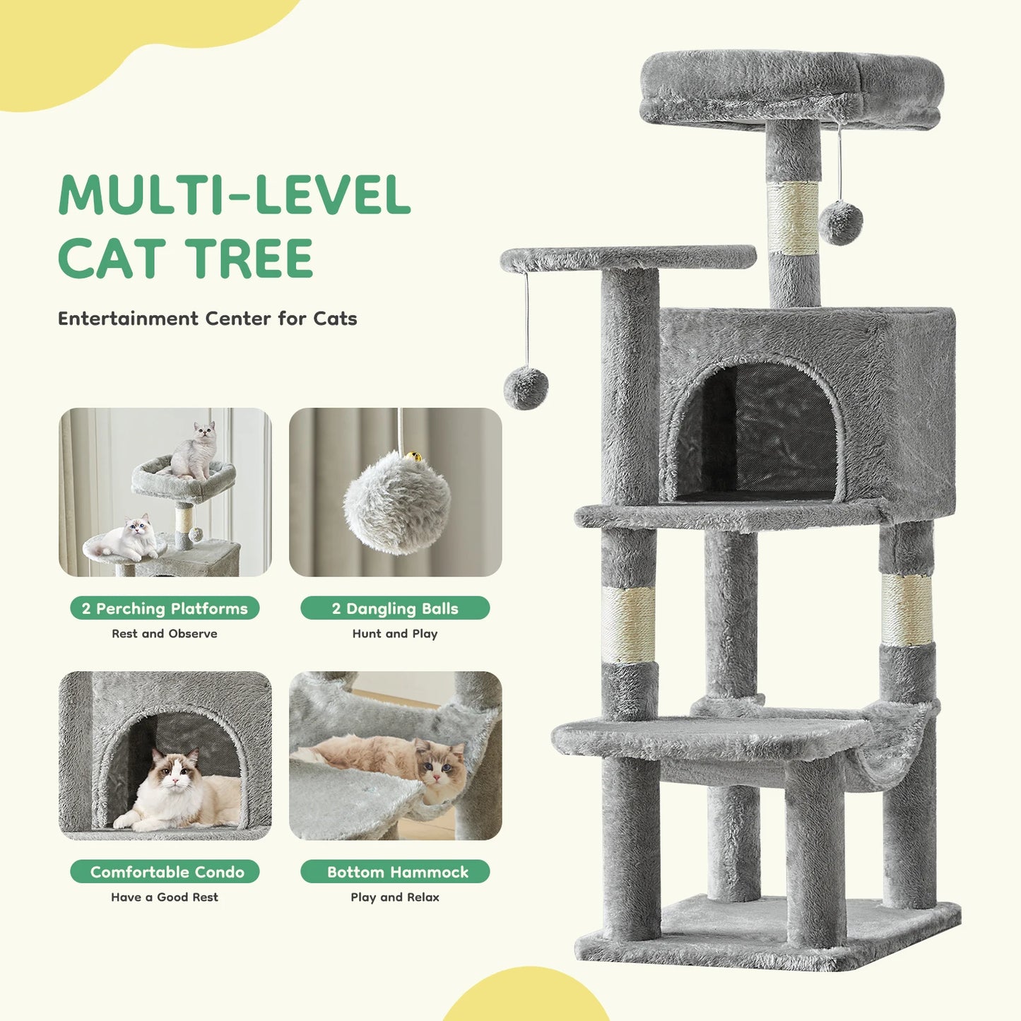JHK Cat Tree Four Tier Indoor Scratching Tower With Sisal Posts
