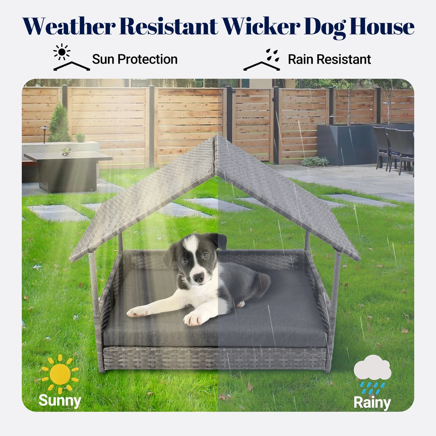Wicker Elevated Dog Bed With Canopy And Water Resistant Cushion