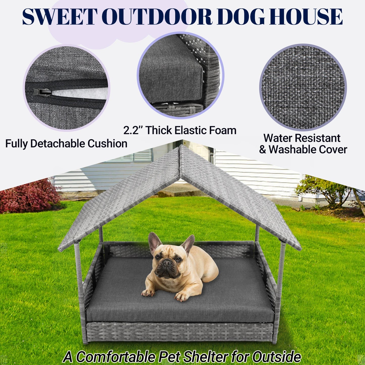 Wicker Elevated Dog Bed With Canopy And Water Resistant Cushion