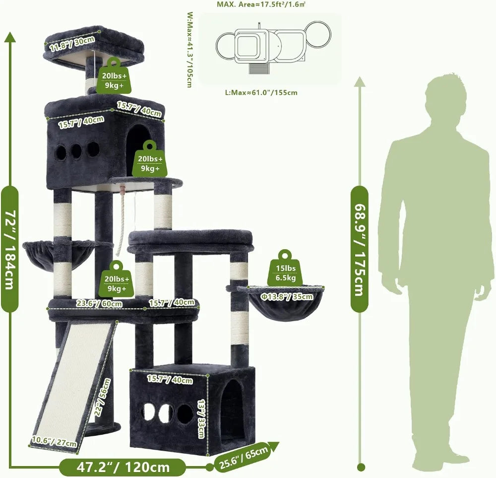 Anti Tip Cat Tree For Large Cats With Sisal Scratching Posts