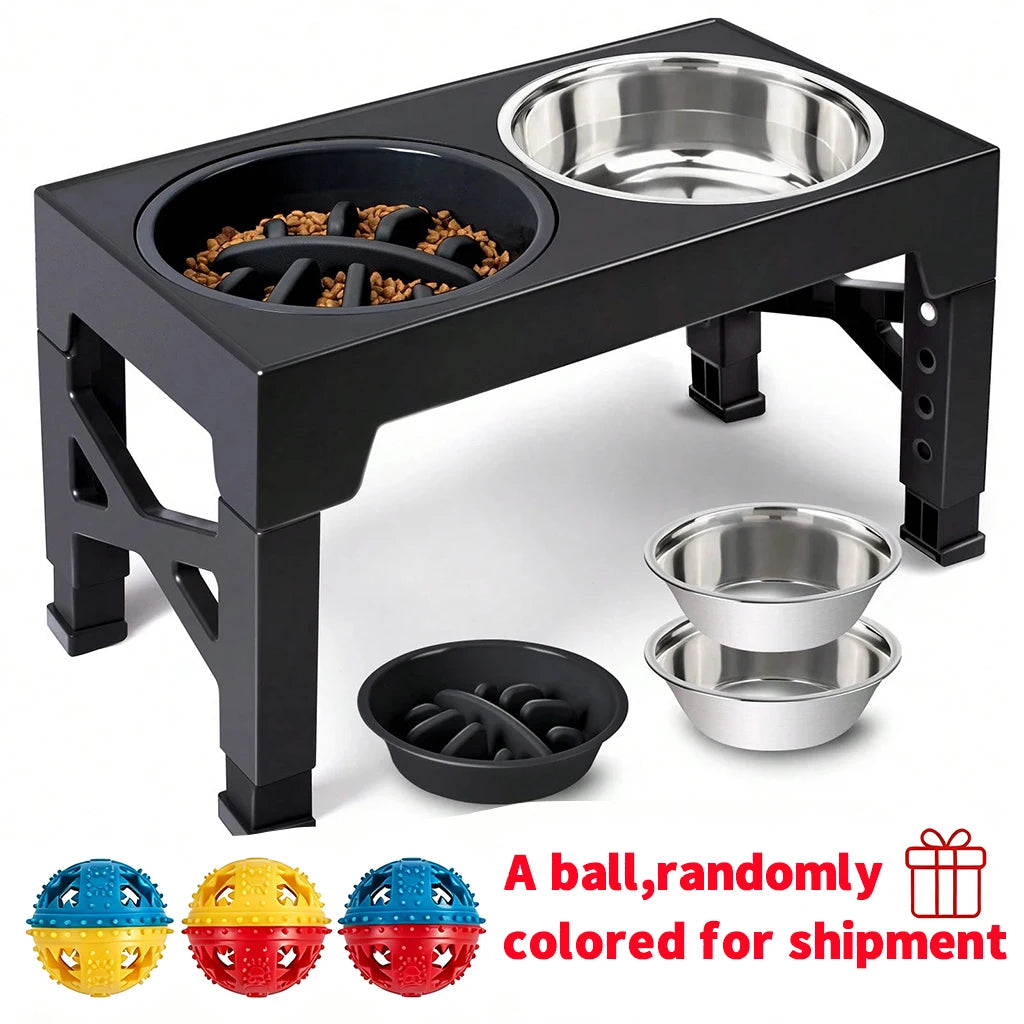 Adjustable Elevated Dog Feeder With Slow Feeder Bowl And Ball