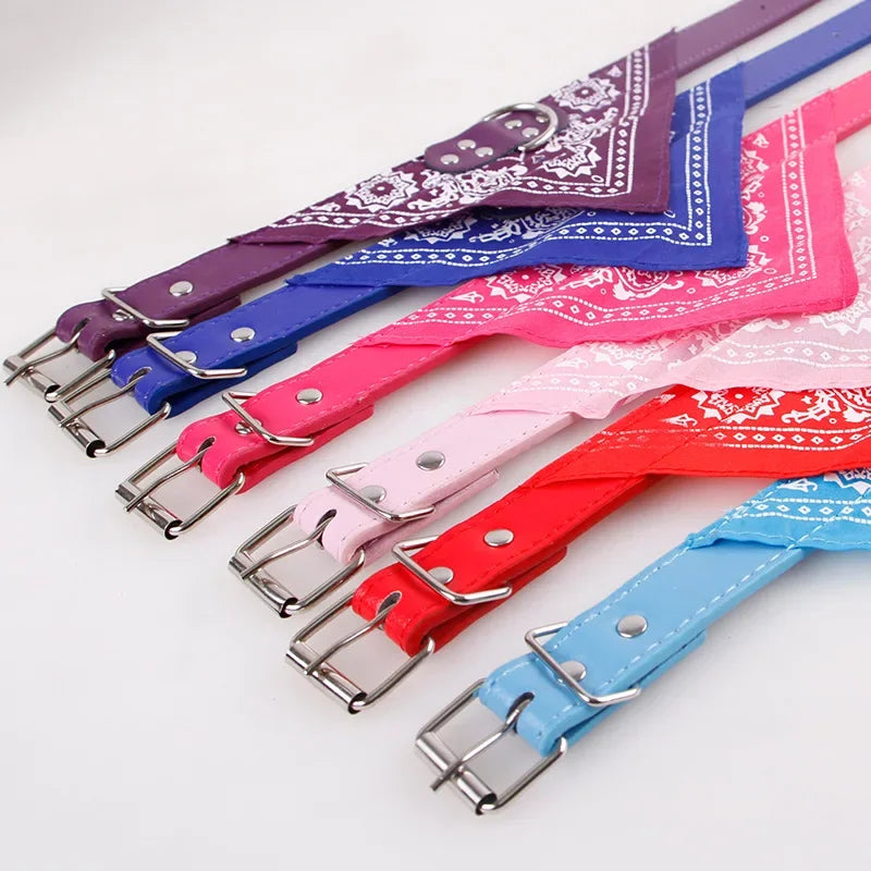 Adjustable Leather Dog Bandana Collar With Printed Pattern