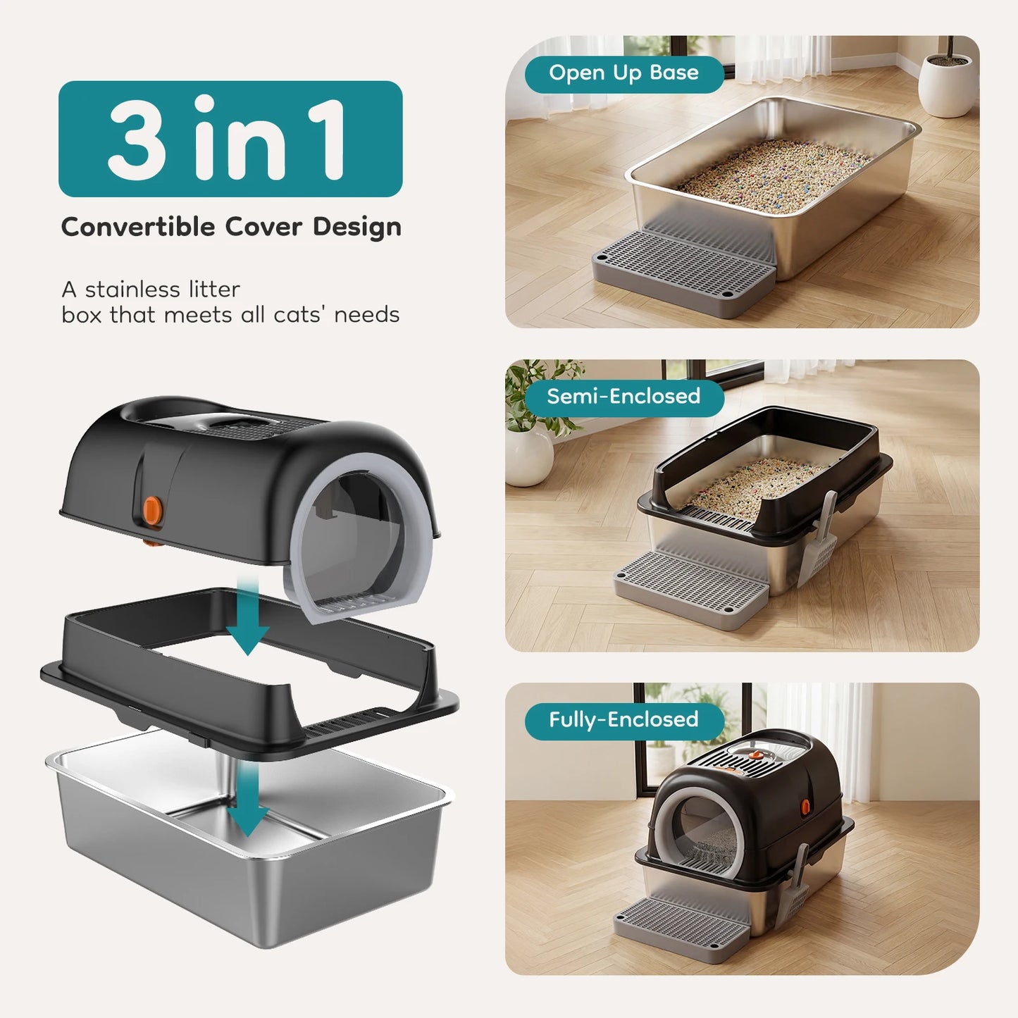 JHK Stainless Steel Cat Litter Box With Enclosed Design And Scoop Mat Included