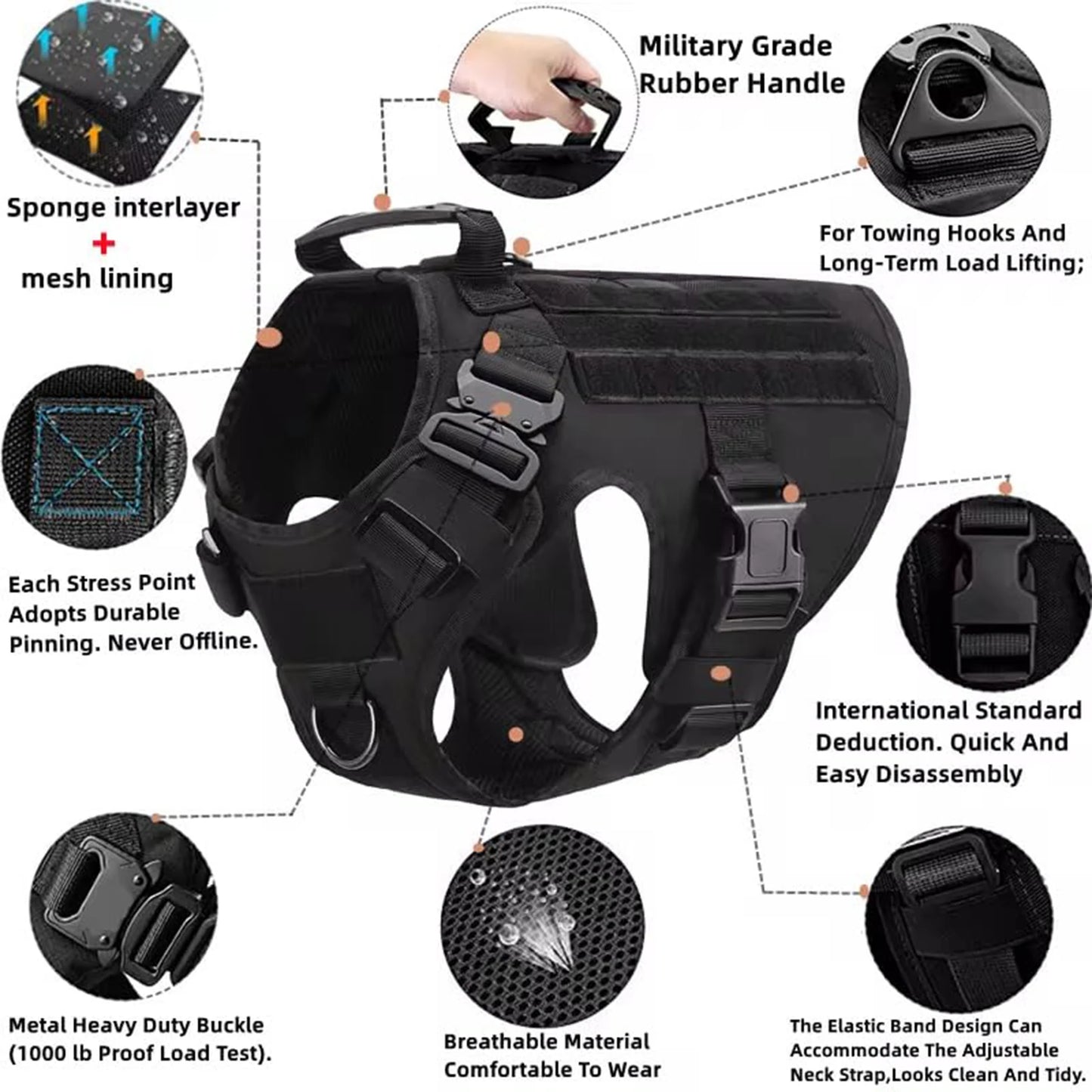 Tactical Dog Harness Vest with MOLLE Pouches for Medium to Large Dogs