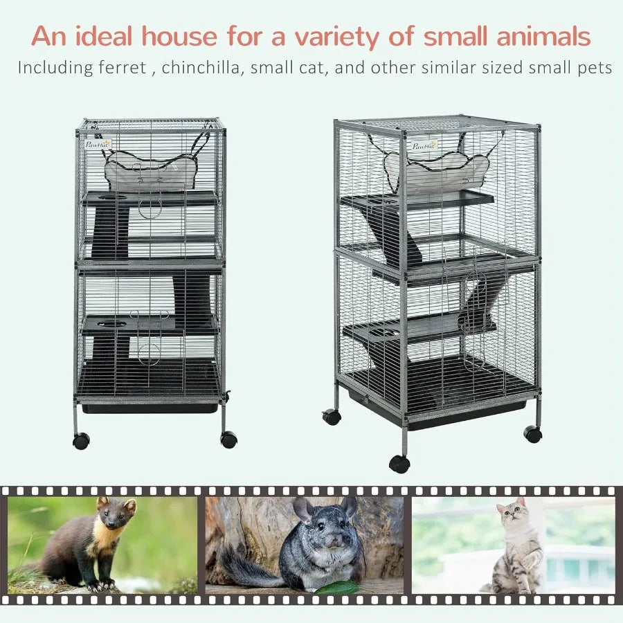NONECN Metal Small Animal Cage 4 Tier Rolling Ferret Cage With Hammock Tray