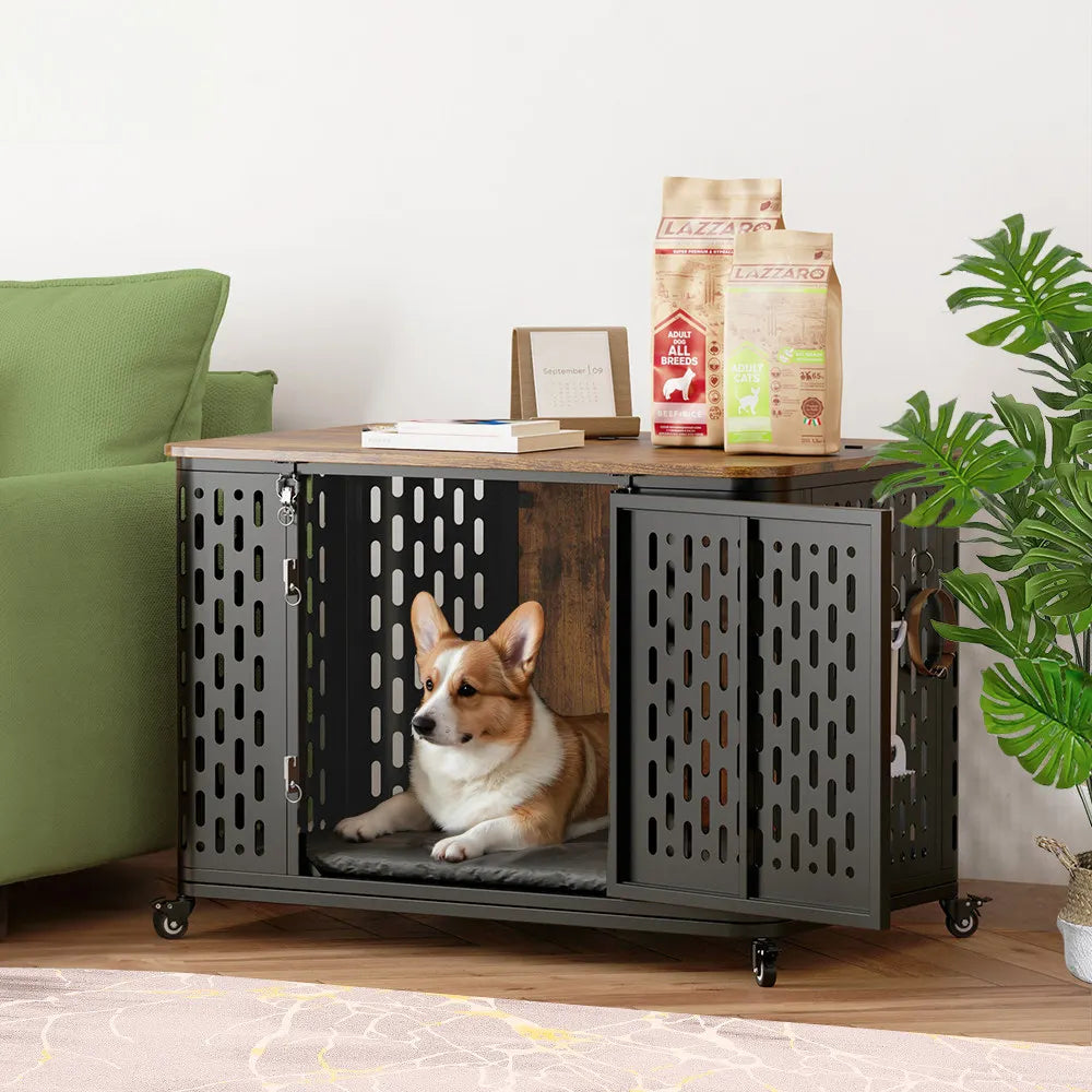 ONBRILL Wood Dog Crate Kennel With Cushion And Wheels
