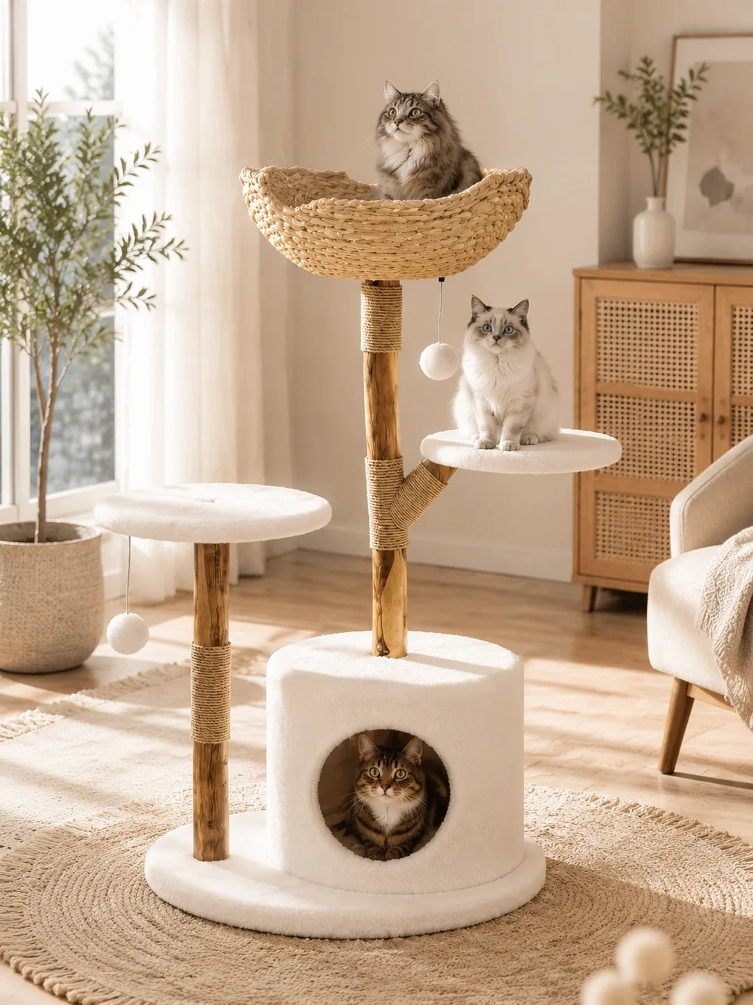 Wooden Cat Tree with Rattan, Multi-Level Indoor Climbing Activity Center