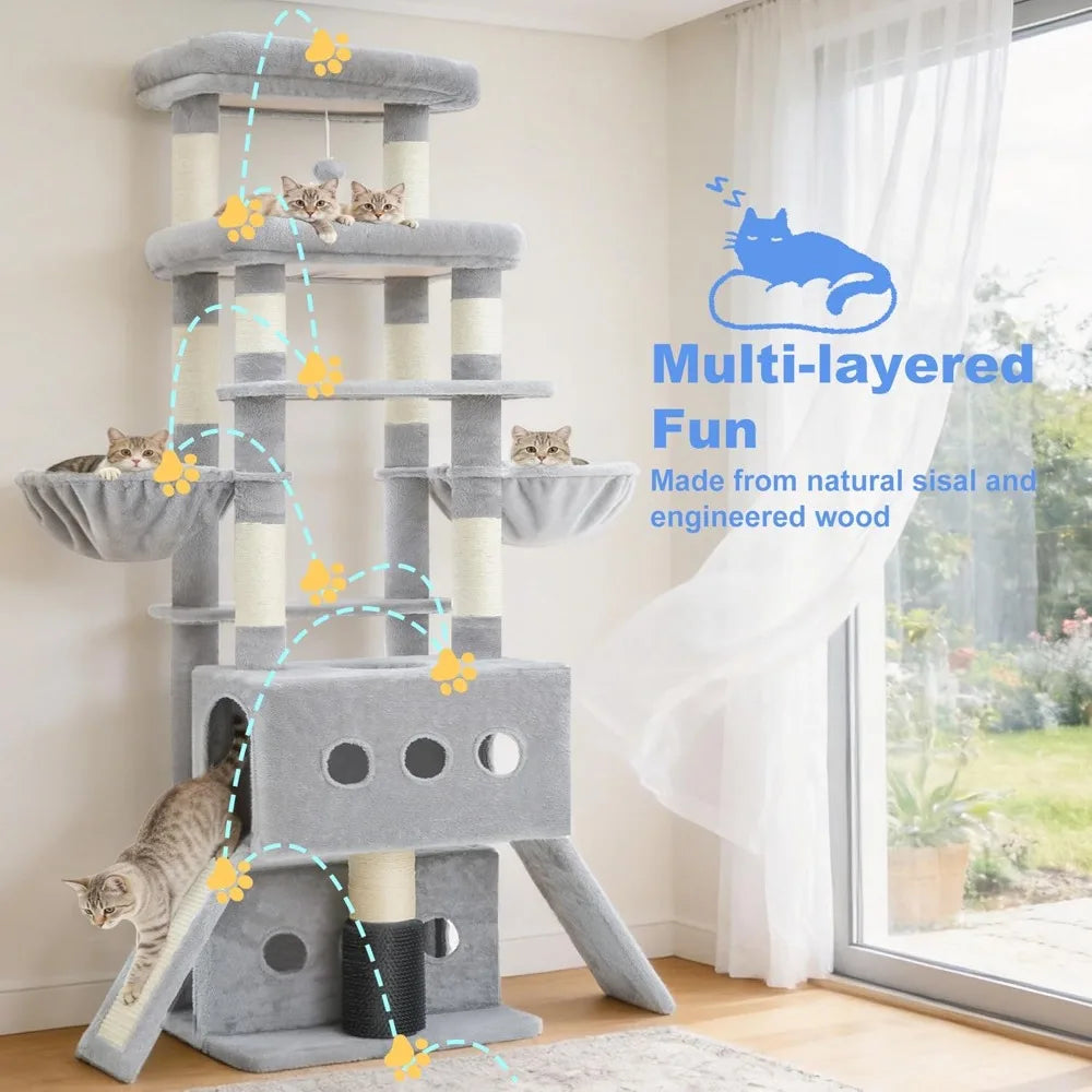 Symmetrical Extra Large Multi-Level Cat Tree Tower With Condos Hammocks And Scratching Posts For Indoor Cats