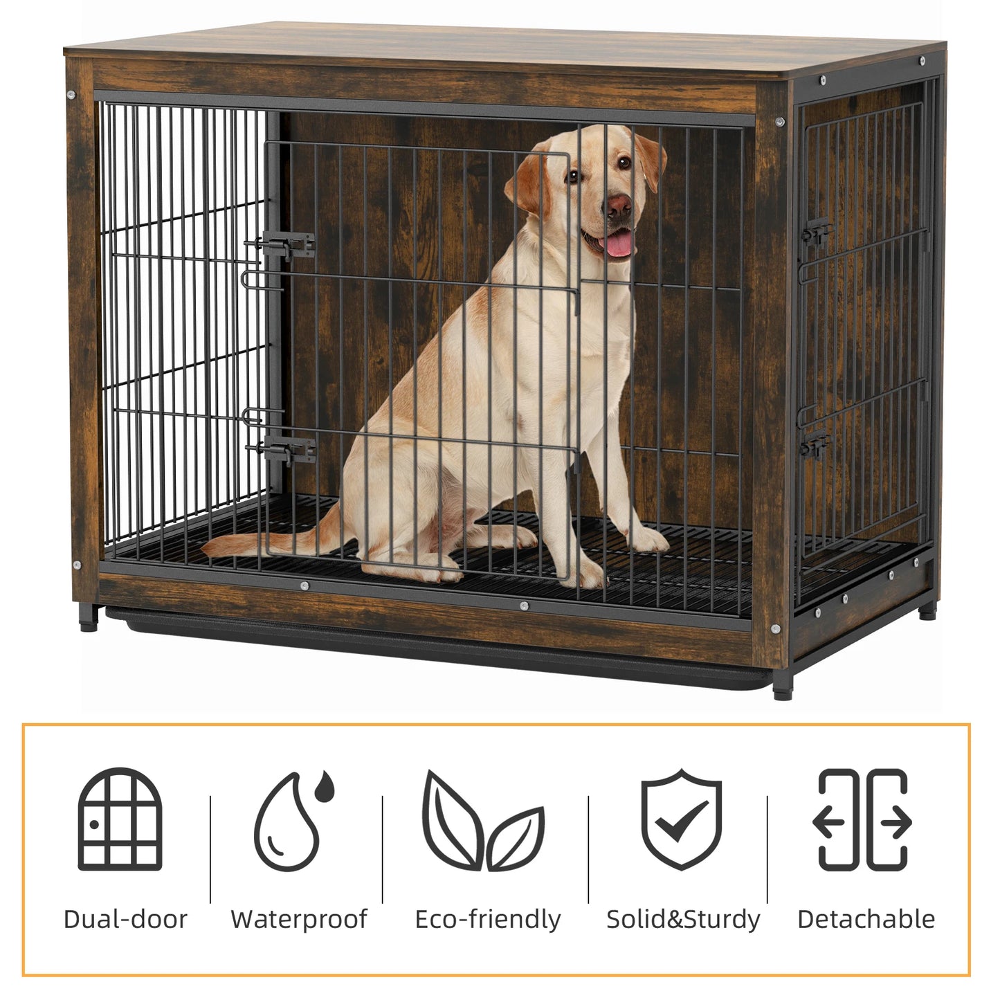 BINGOPA Dog Crate End Table Wood Metal With Removable Tray