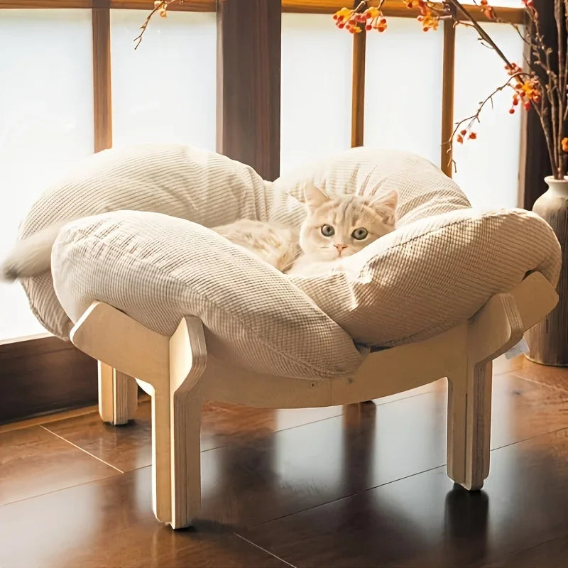 Raised Wooden Cat Bed With Soft Cushion Indoor Use