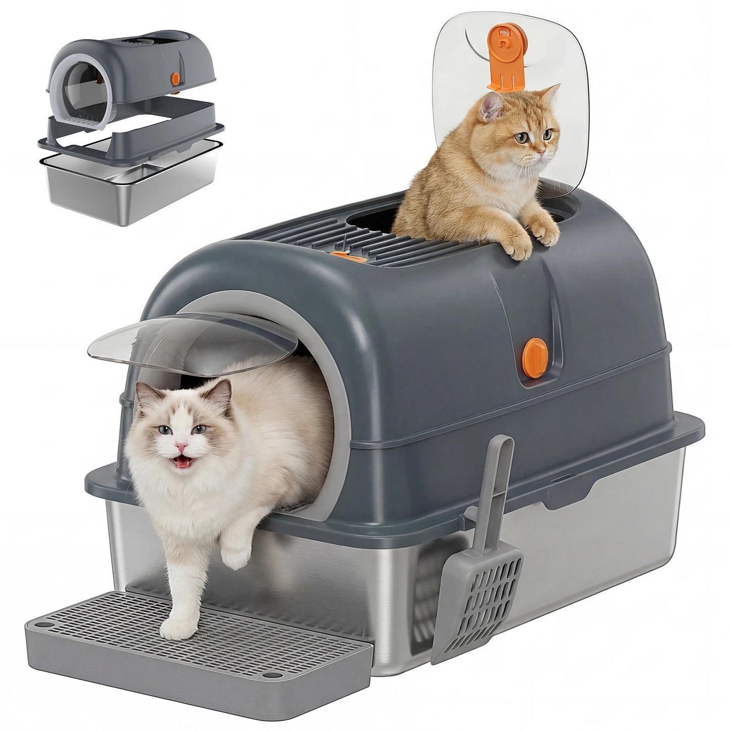 JHK Stainless Steel Cat Litter Box With Enclosed Design And Scoop Mat Included