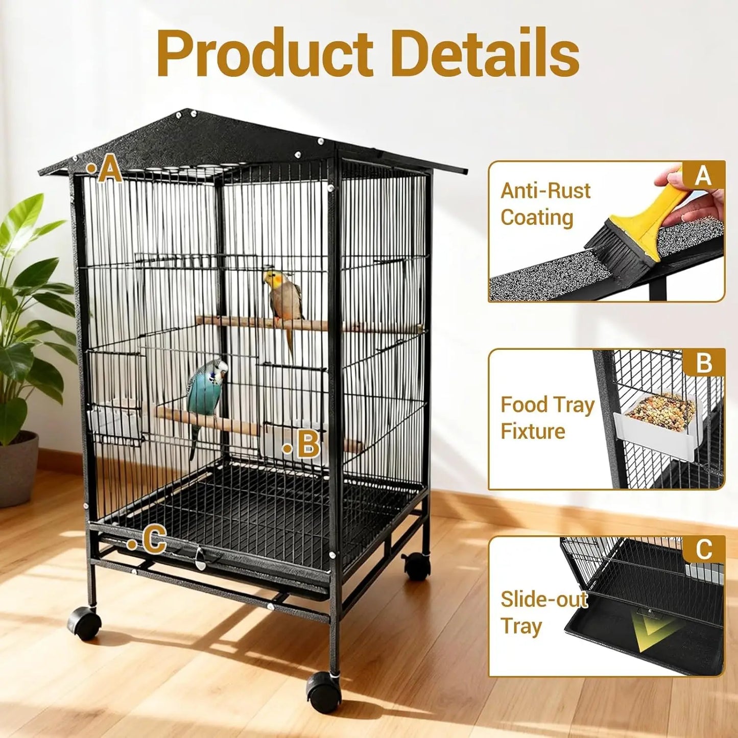Acekool Indoor Outdoor Bird Cage On Wheels With Tray Perches