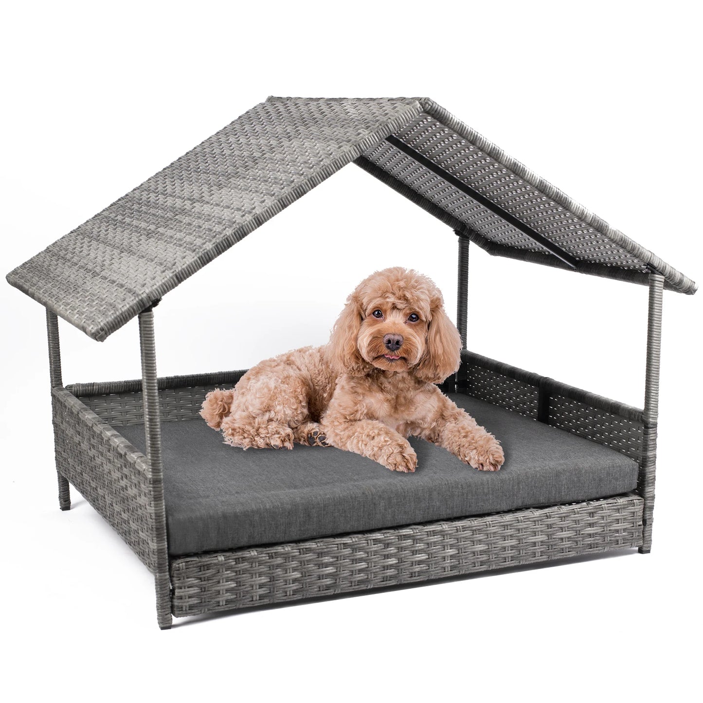 Wicker Elevated Dog Bed With Canopy And Water Resistant Cushion