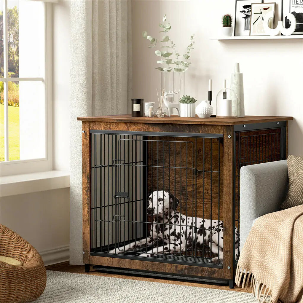 BINGOPA Dog Crate End Table Wood Metal With Removable Tray