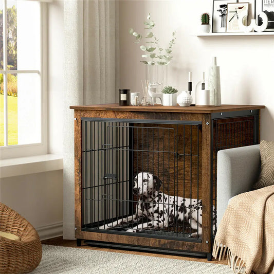 BINGOPA Dog Crate End Table Wood Metal With Removable Tray