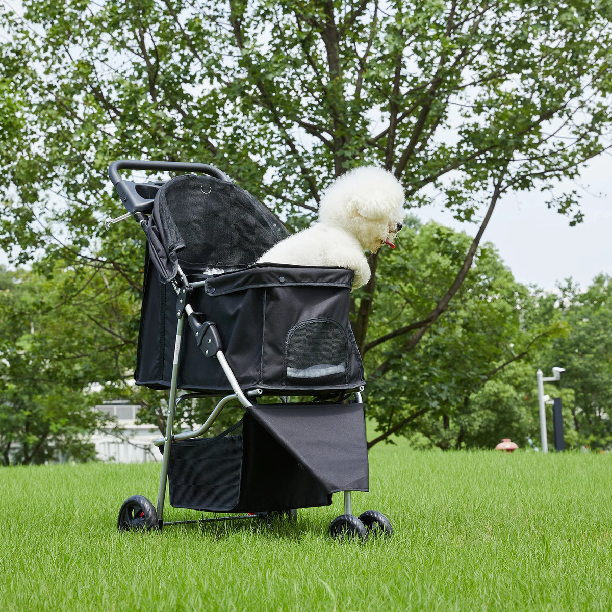 DUMOS Foldable Pet Stroller with Mesh Windows and Storage Basket